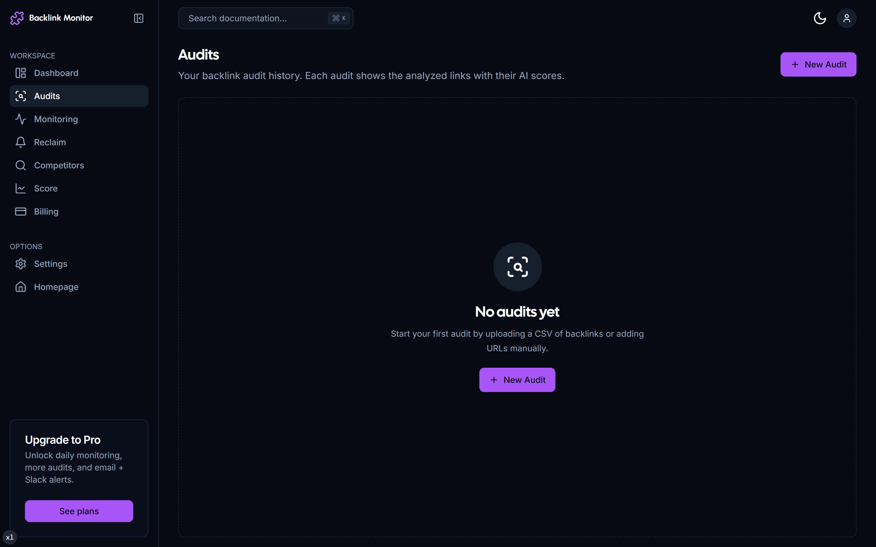 Audits index page with New Audit button