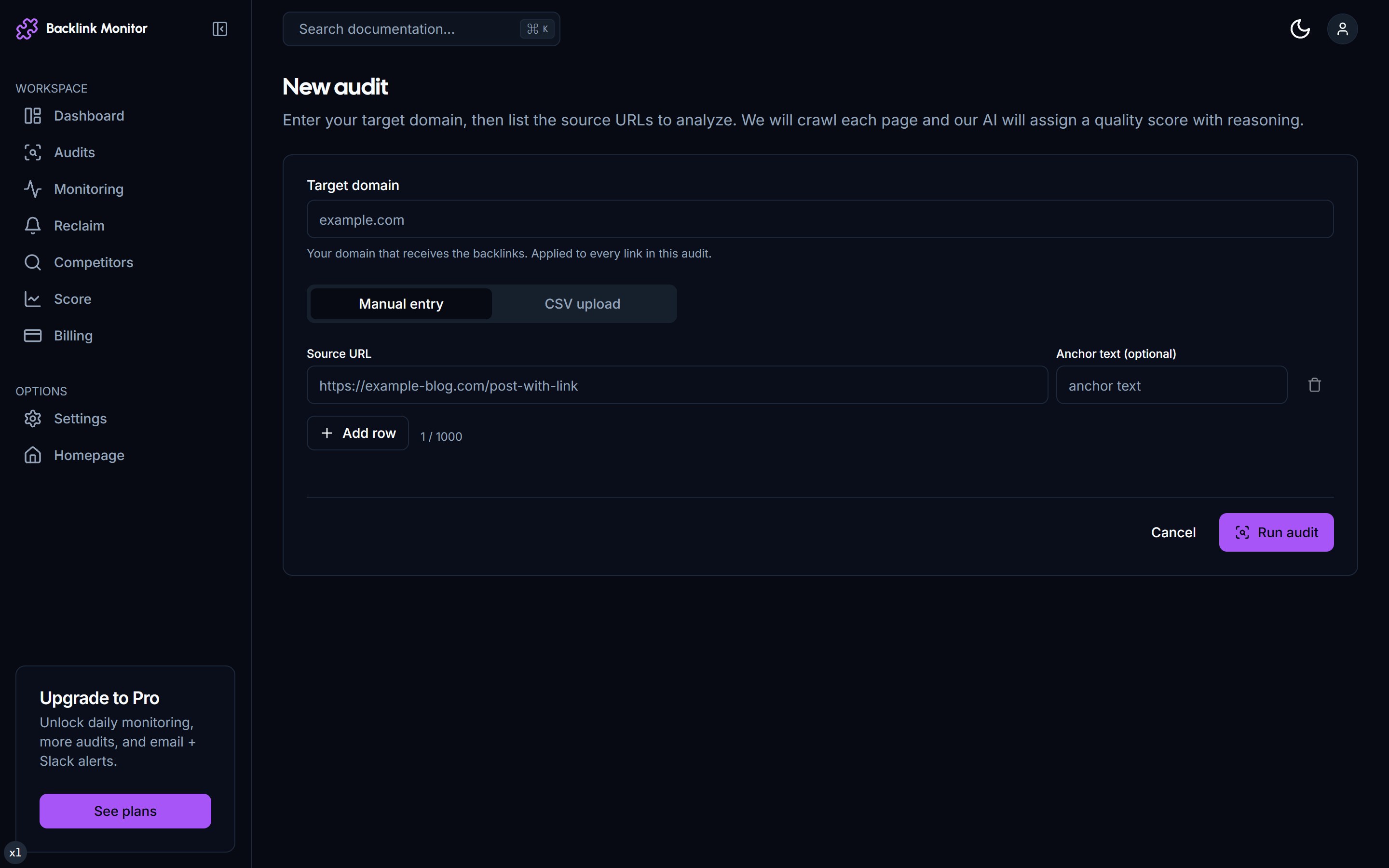 New audit form with CSV paste box and start button
