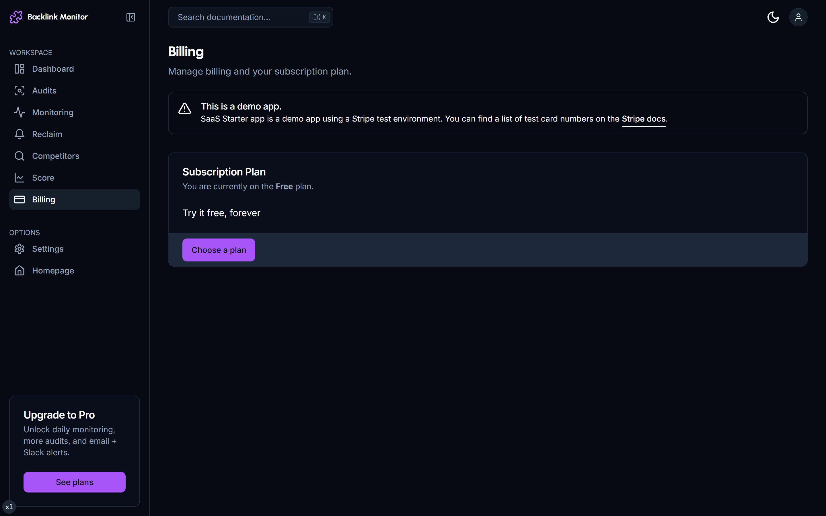 Settings billing page with invoice list